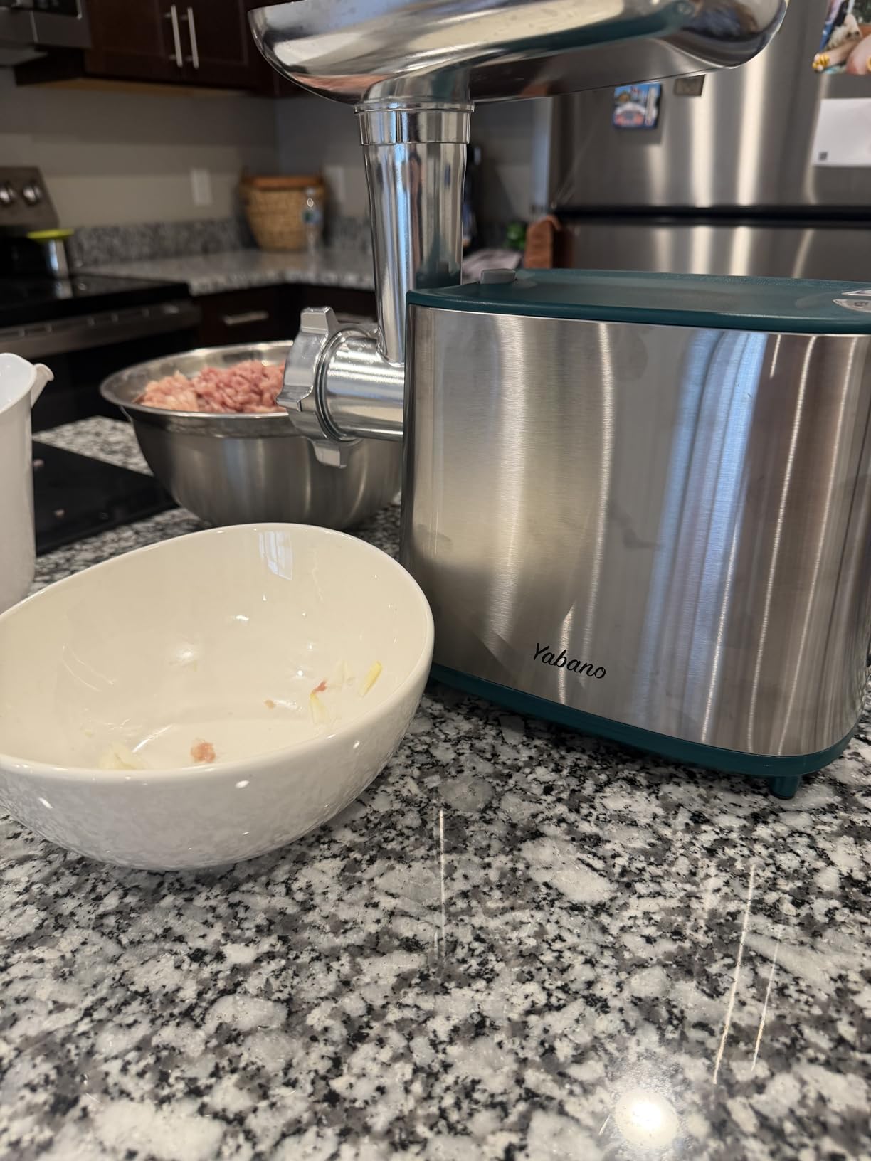 Yabano electric meat grinder customer photo — fresh ground beef and chicken at home